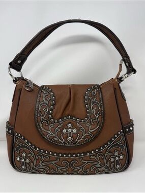Montana West Brown Leather Gem Studded Shoulder Bag